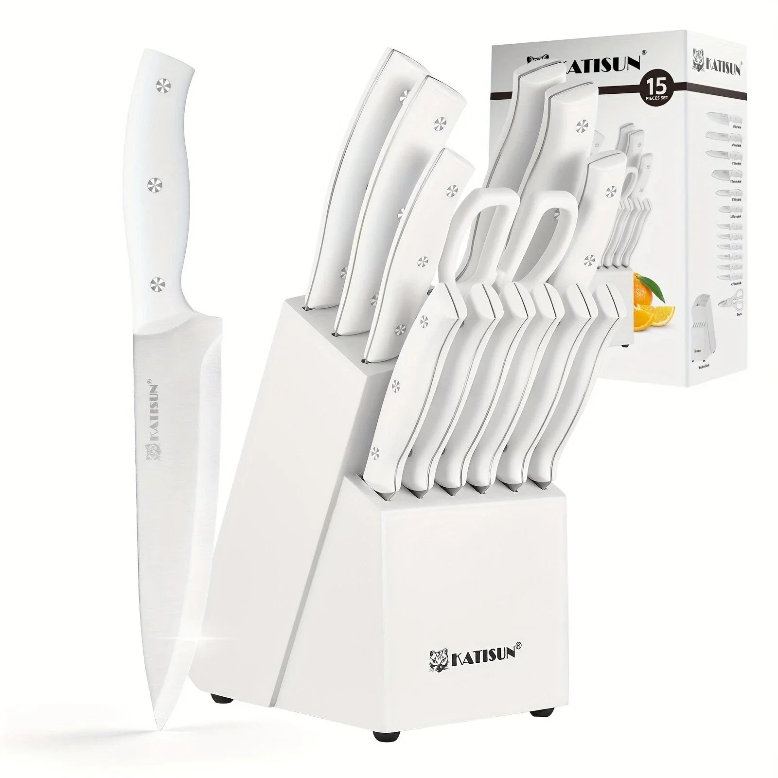 15 Pieces White Stainless Steel Kitchen Knife Set with Wooden Block