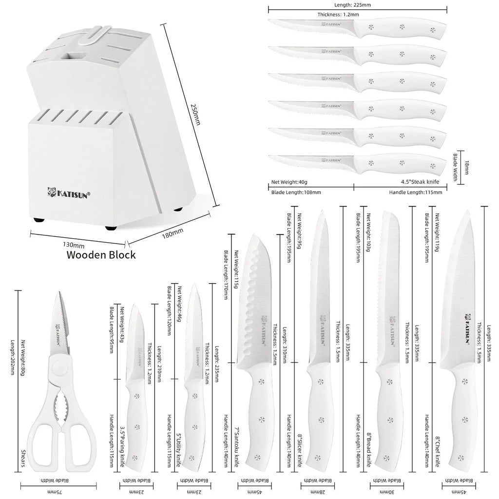 15 Pieces White Stainless Steel Kitchen Knife Set with Wooden Block